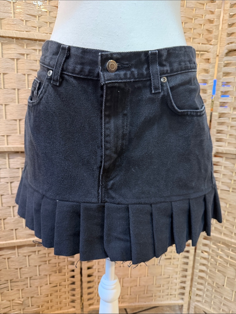 Hand Crafted Black Denim Mini Skirt with Pleated Hem